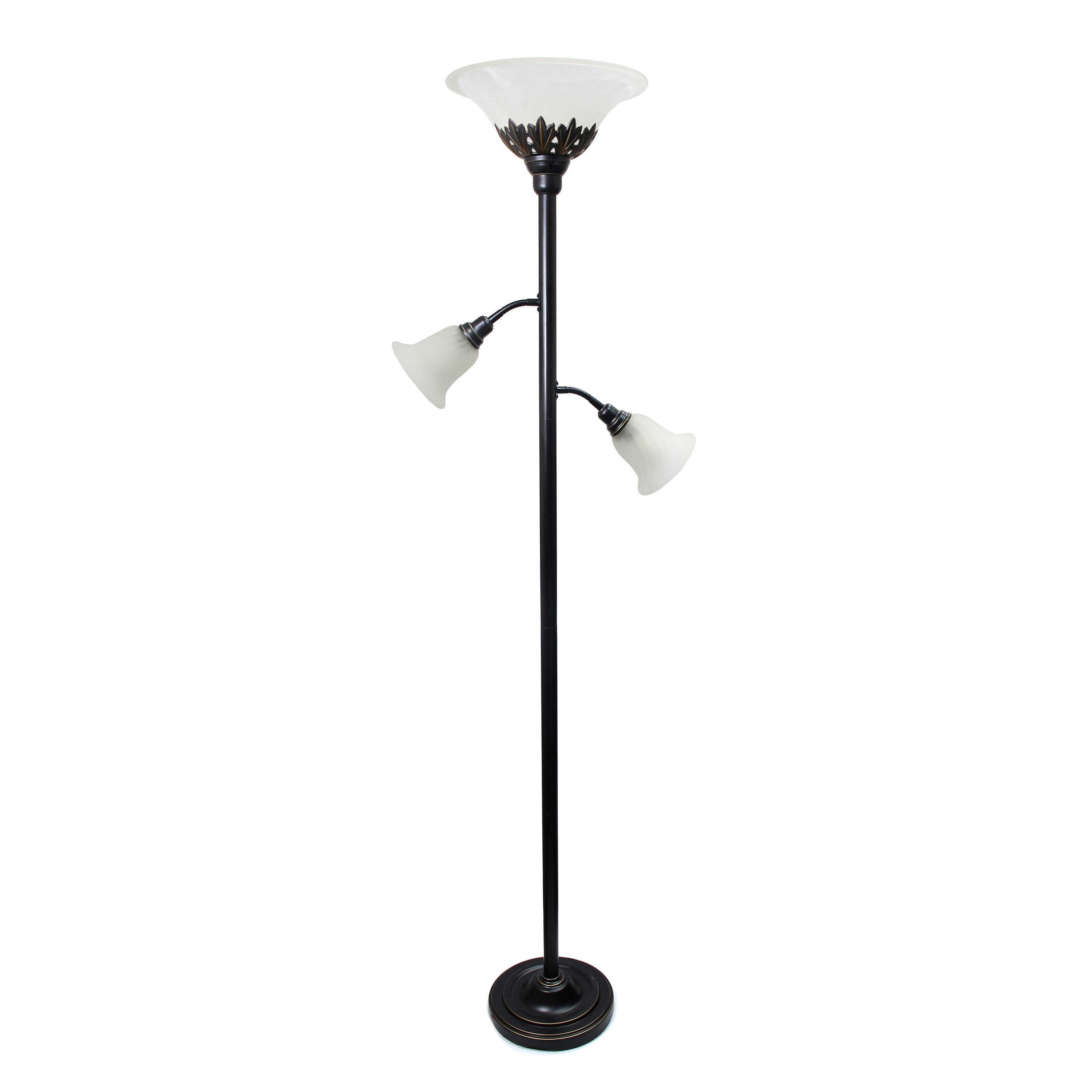Lalia Home Torchiere Floor Lamp with 2 Reading Lights and Scalloped Glass Shades, Restoration Bronze and White