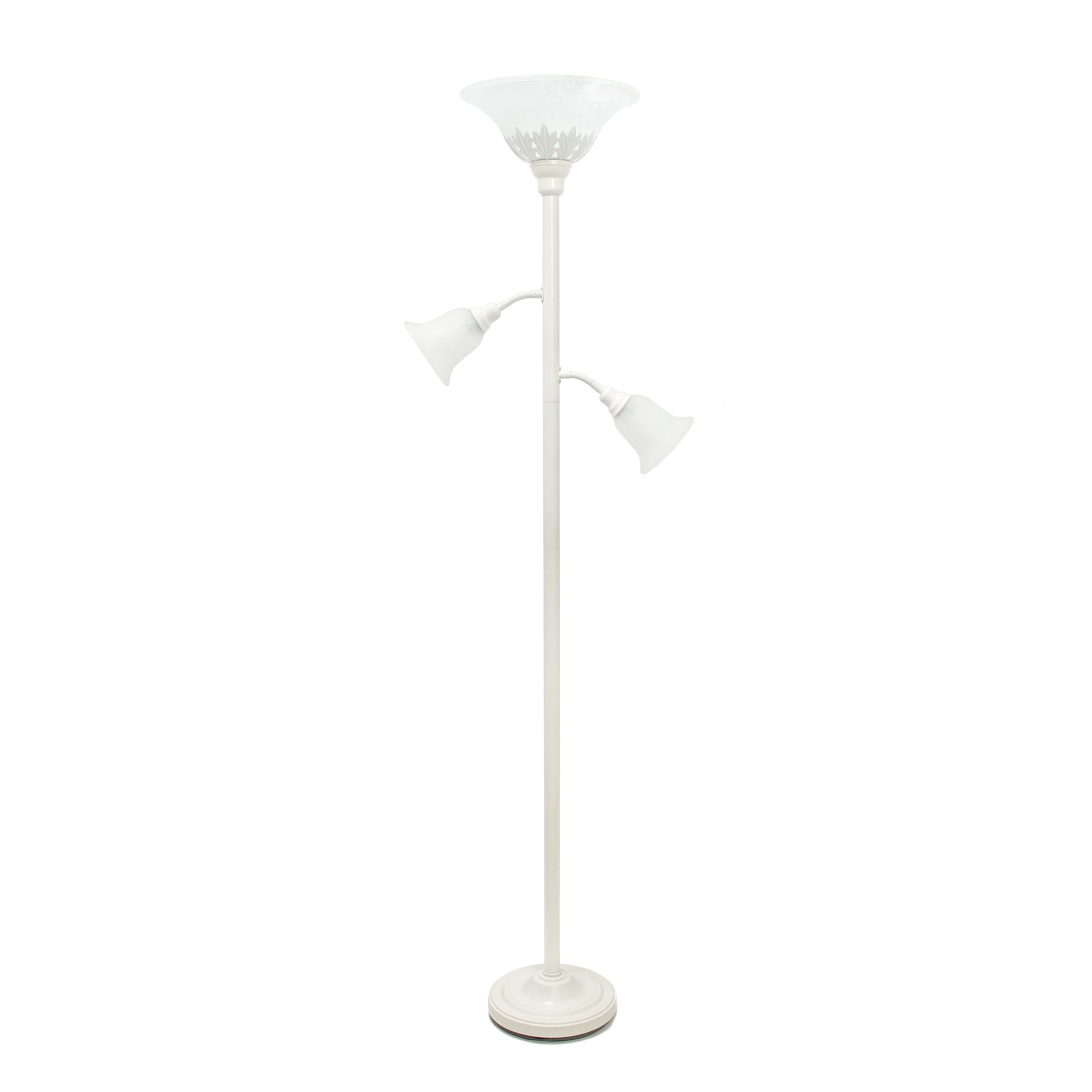 Lalia Home Torchiere Floor Lamp with 2 Reading Lights and Scalloped Glass Shades, White