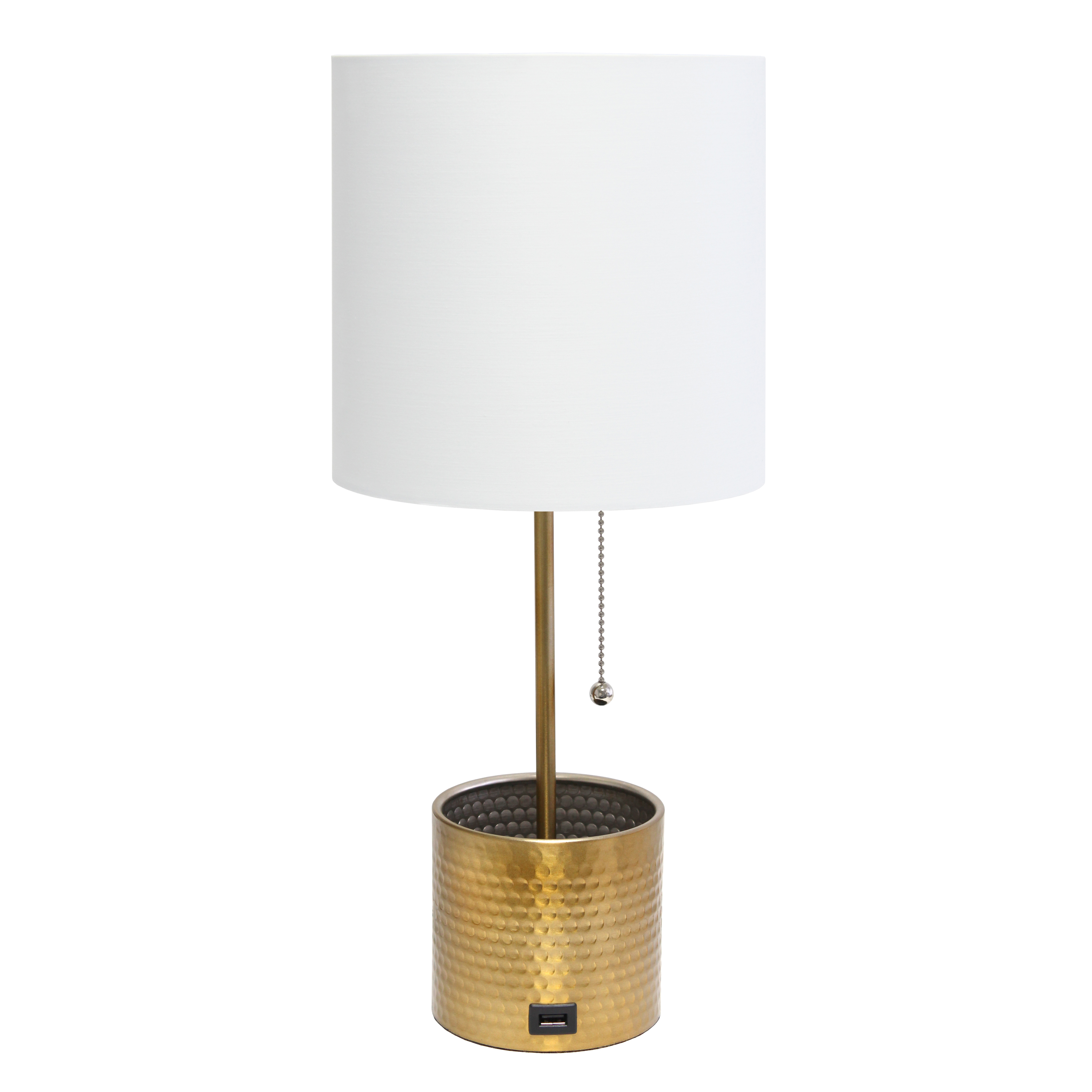  Simple Designs Hammered Metal Organizer Table Lamp with USB charging port and Fabric Shade, Gold