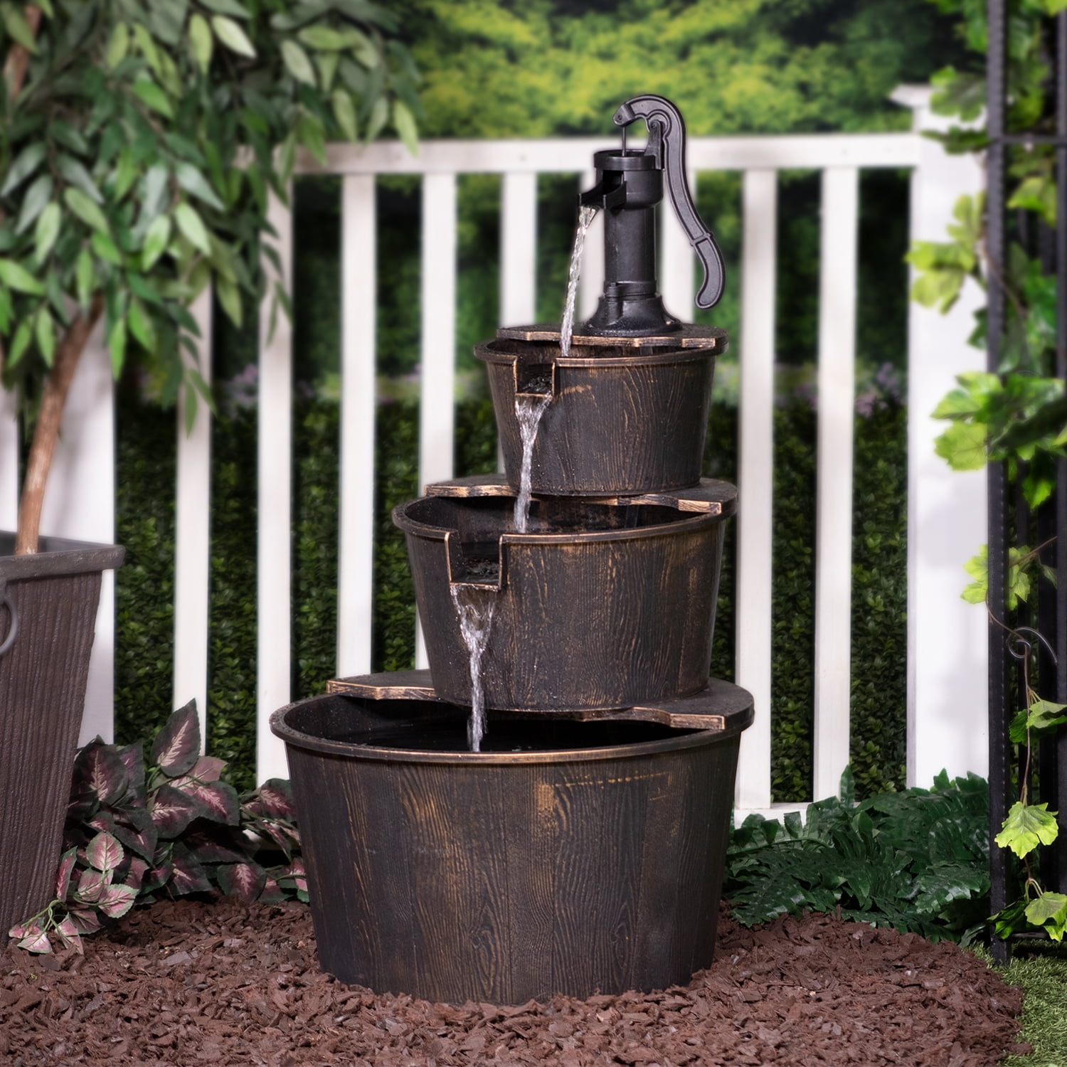 41" Three Tier Pump & Barrels Fountain - Brown