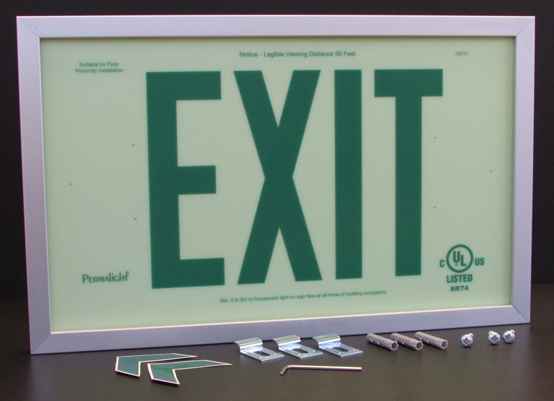 UL924-Listed Plastic EXIT Sign - Green EXIT Legend with Silver Aluminum Frame