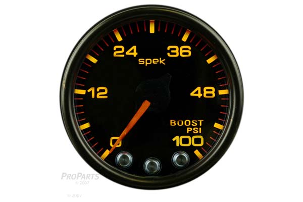 GAUGE BOOST 2 1/16IN 100PSI STEPPER MOTOR W/PEAK & WARN BLK/BLK SPEKPRO