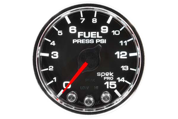 GAUGE FUEL PRESS 2 1/16IN 15PSI STEPPER MOTOR W/PEAK & WARN BLK/CHRM SPEK