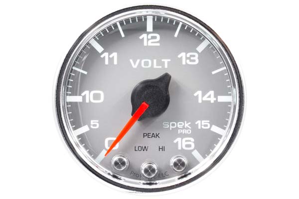 GAUGE VOLTMETER 2 1/16IN 16V STEPPER MOTOR W/PEAK & WARN SLVR/CHRM SPEKPR