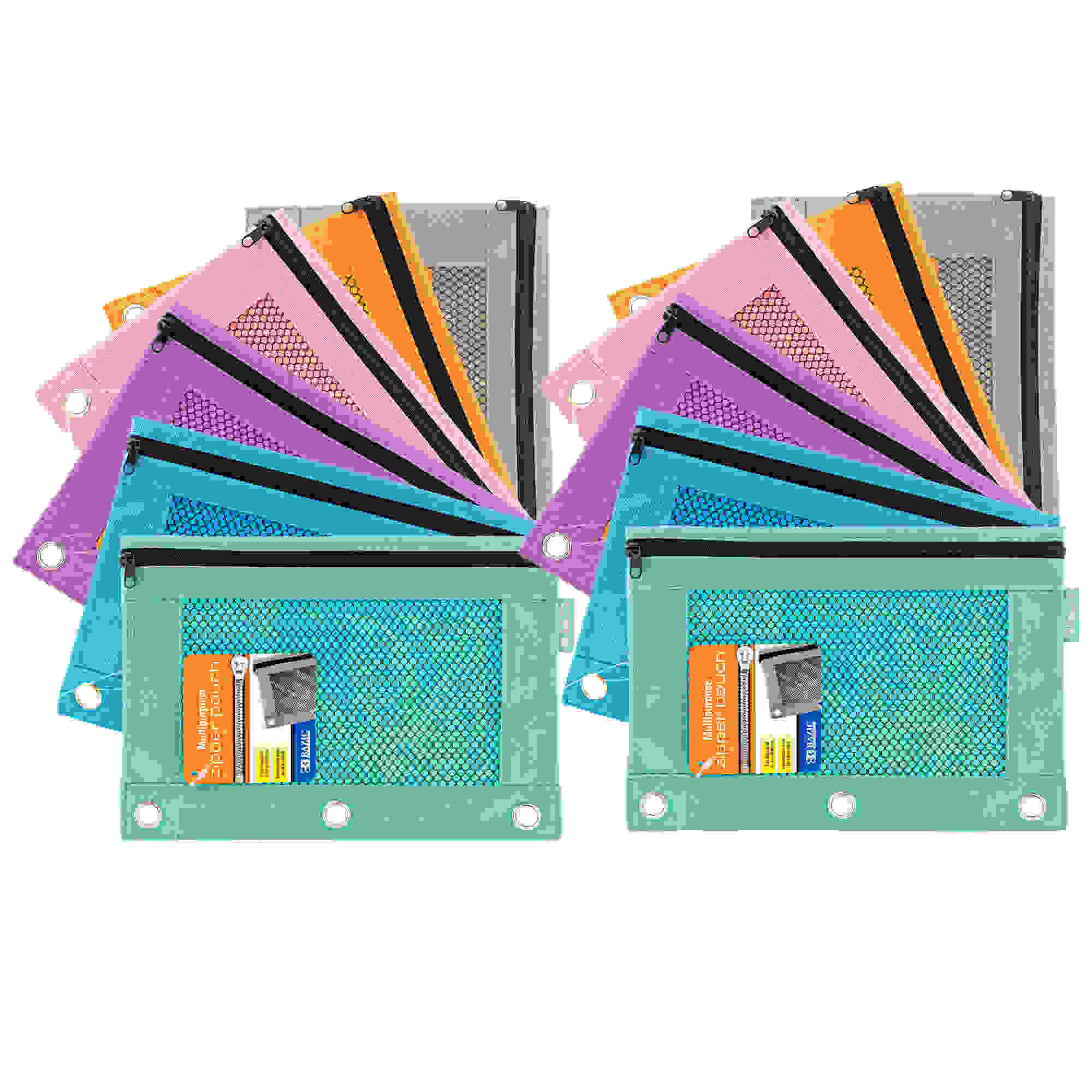 3-Ring Pencil Pouch with Mesh Window, Retro Pastel Colors, Pack of 12