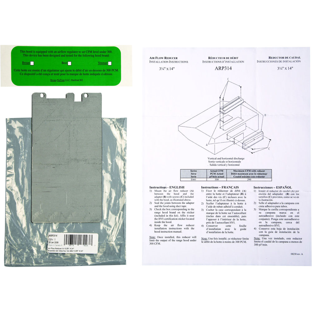 Air Flow Reducer, 3-1/4" x 14", Reduces CFM to less than 300 CFM