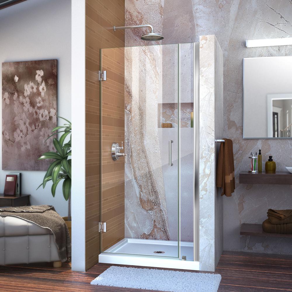 Unidoor 33 to 34" Frameless Hinged Shower Door, Clear 3/8" Glass Door, Chrome