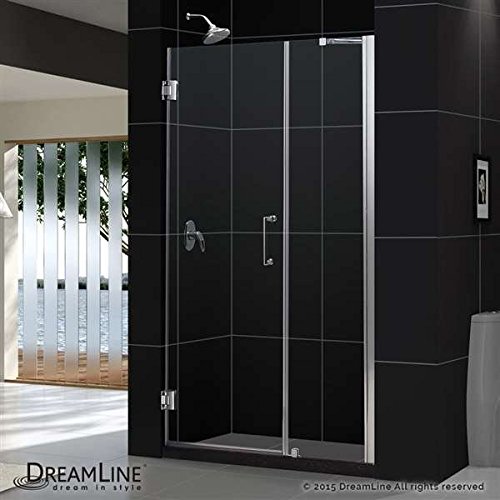 Unidoor 43 to 44" Frameless Hinged Shower Door, Clear 3/8" Glass Door, Chrome