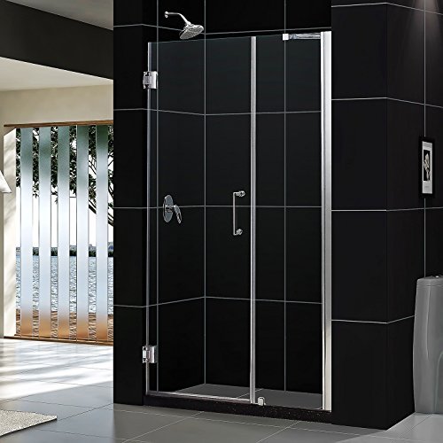 Unidoor 47 to 48" Frameless Hinged Shower Door, Clear 3/8" Glass Door, Chrome