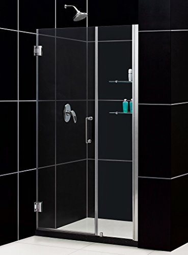 Unidoor 44 to 45" Frameless Hinged Shower Door, Clear 3/8" Glass Door, Chrome