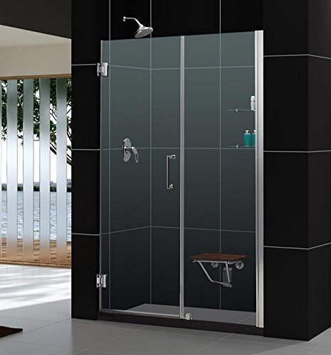 Unidoor 55 to 56" Frameless Hinged Shower Door, Clear 3/8" Glass Door, Brushed Nickel