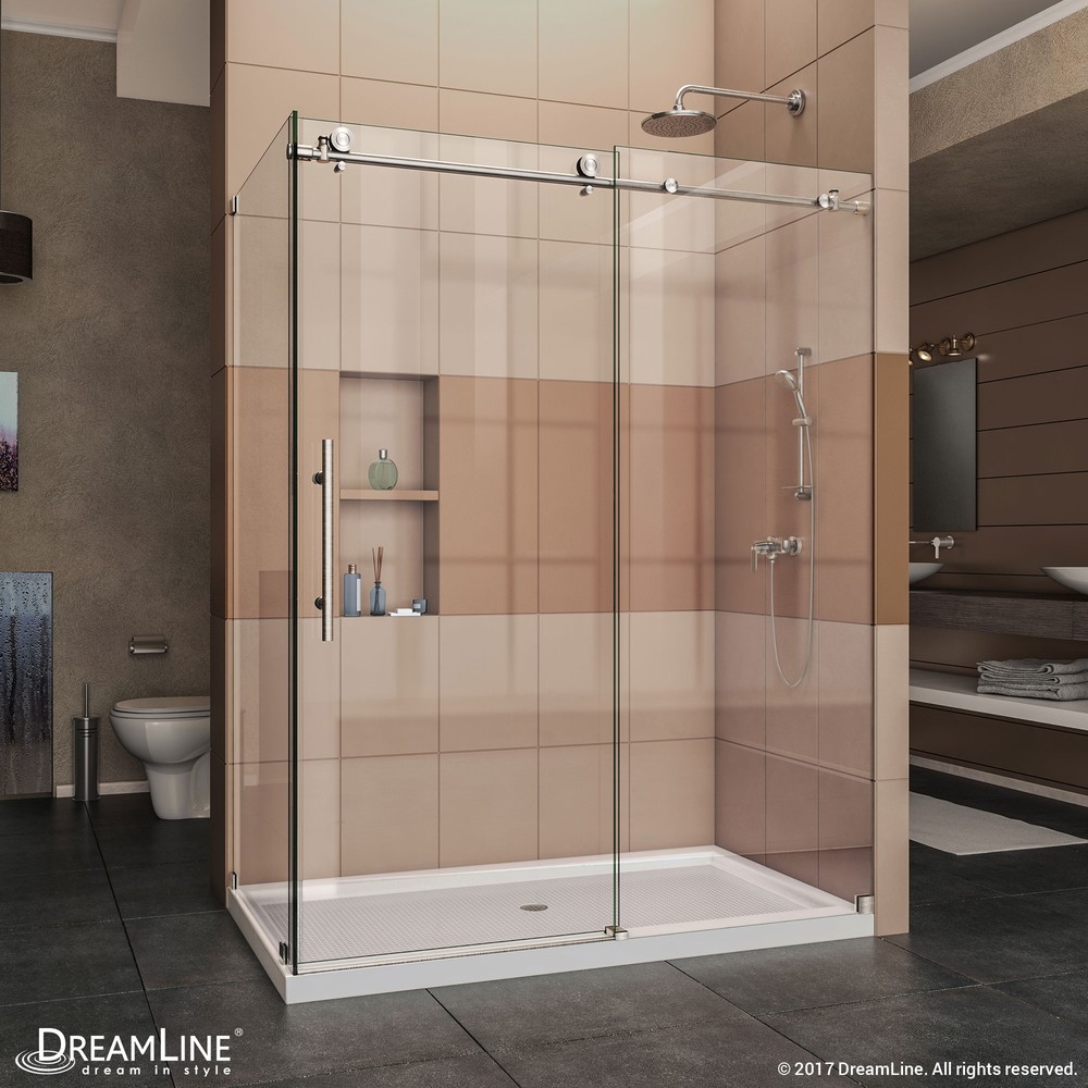 Enigma-X 34-1/2" x 48-3/8" Fully Frameless Sliding Shower Enclosure, Clear 3/8" Glass, Polished Stainless Steel