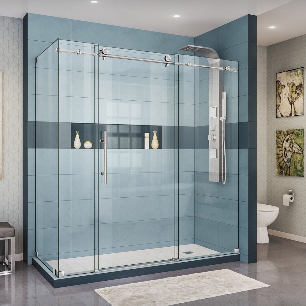 Enigma-X 34-1/2" x 60-3/8" Fully Frameless Sliding Shower Enclosure, Clear 3/8" Glass, Polished Stainless Steel