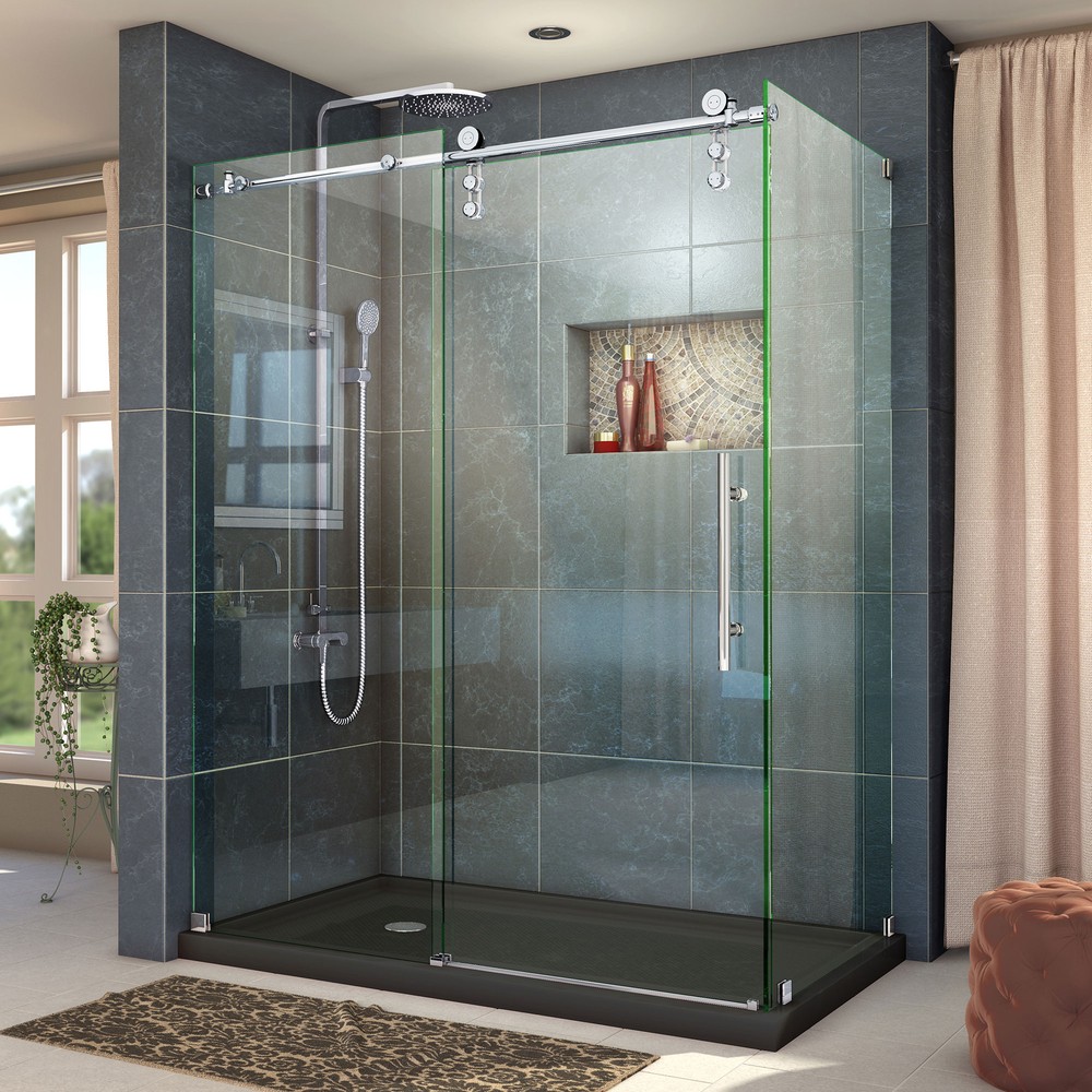 Enigma-Z 34-1/2" x 48-3/8" Fully Frameless Sliding Shower Enclosure, Clear 3/8" Glass, Brushed Stainless Steel