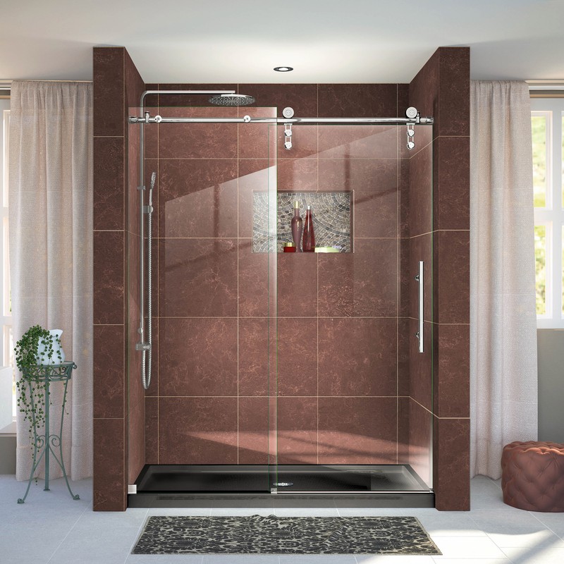 Enigma-Z 34-1/2" x 48-3/8" Fully Frameless Sliding Shower Enclosure, Clear 3/8" Glass, Polished Stainless Steel