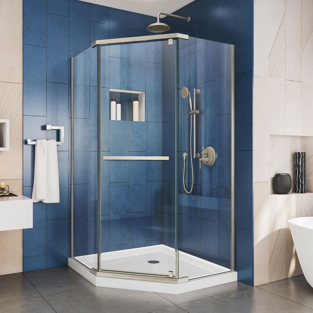 Prism 36 1/8" by 36 1/8" Frameless Pivot Shower Enclosure, Clear 3/8" Glass Shower, Brushed Nickel