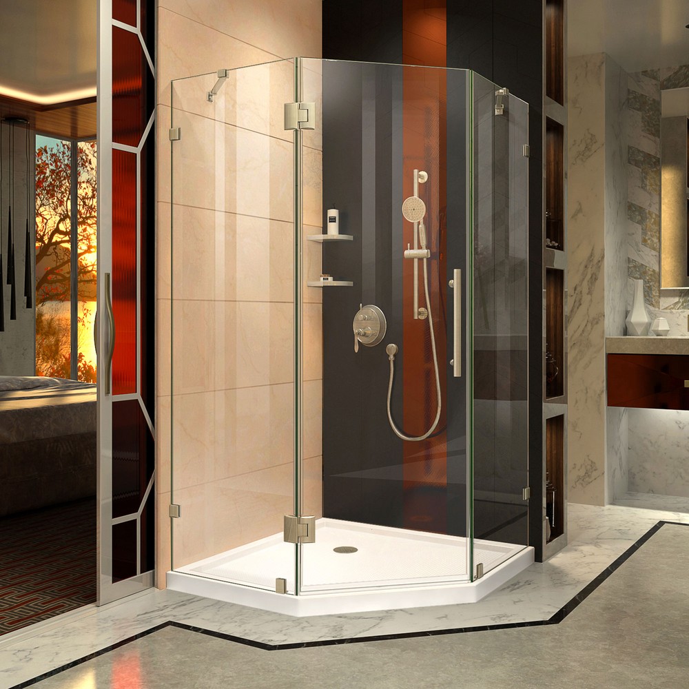 PrismLux 34-5/16" x 34-5/16" Frameless Hinged Shower Enclosure, Clear 3/8" Glass Shower, Chrome