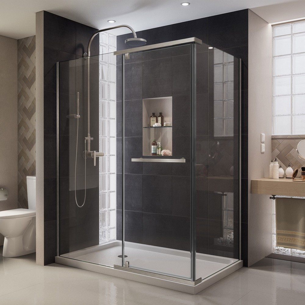 Quatra 32 5/16" by 46 5/16" Frameless Pivot Shower Enclosure, Clear 3/8" Glass Shower, Chrome