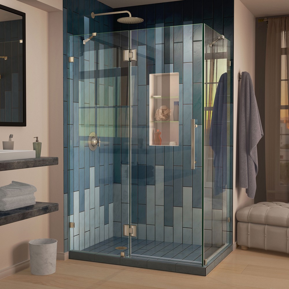 QuatraLux 34 5/16" by 46 5/16" Frameless Hinged Shower Enclosure, Clear 3/8" Glass Shower, Chrome