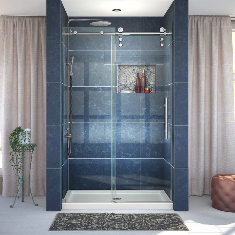Enigma-Z 44 to 48" Fully Frameless Sliding Shower Door, Clear 3/8" Glass Door, Polished Stainless Steel Finish