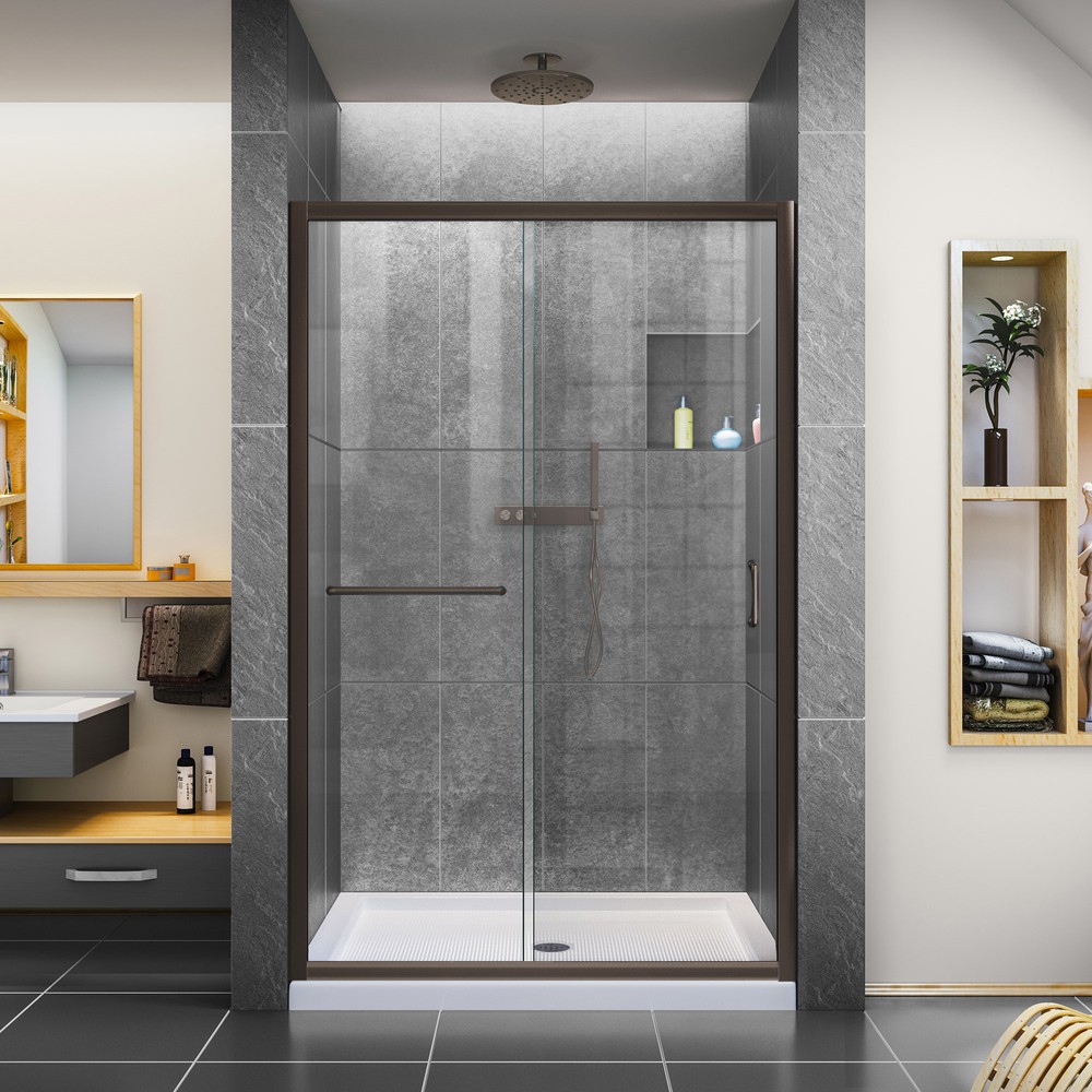 Infinity-Z Frameless Sliding Shower Door, 32&quot; by 60&quot; Shower Base & QWALL-5 Shower Backwall