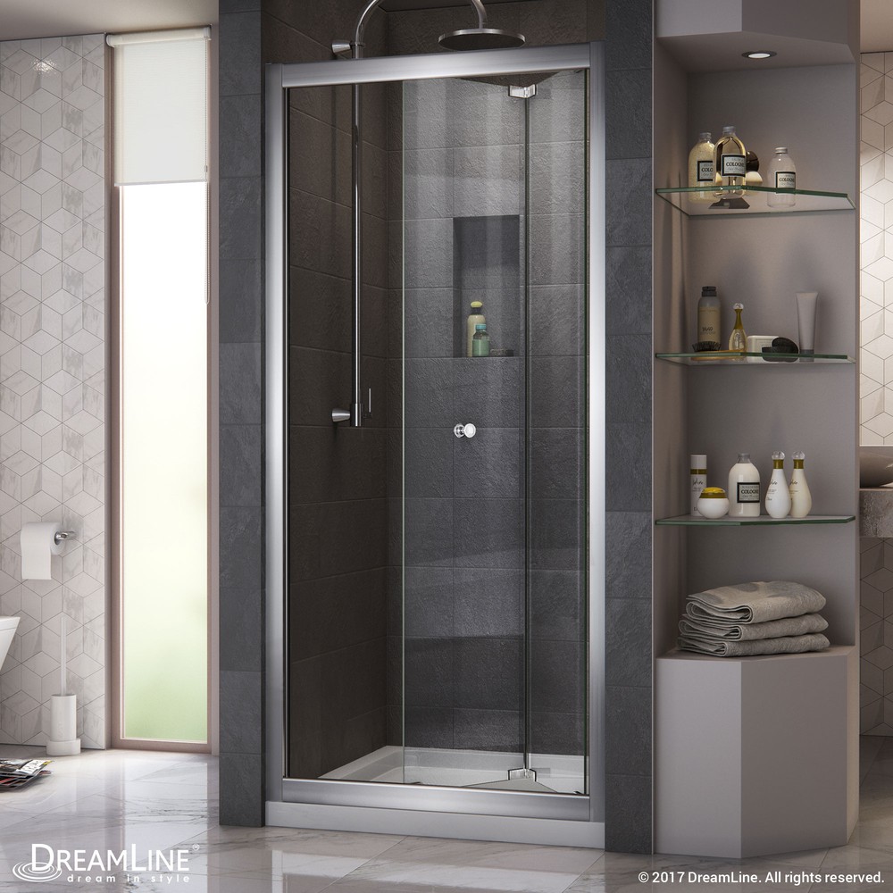 Butterfly Frameless Bi-Fold Shower Door, 36"x36" Shower Base & QWALL-5 Shower Backwall