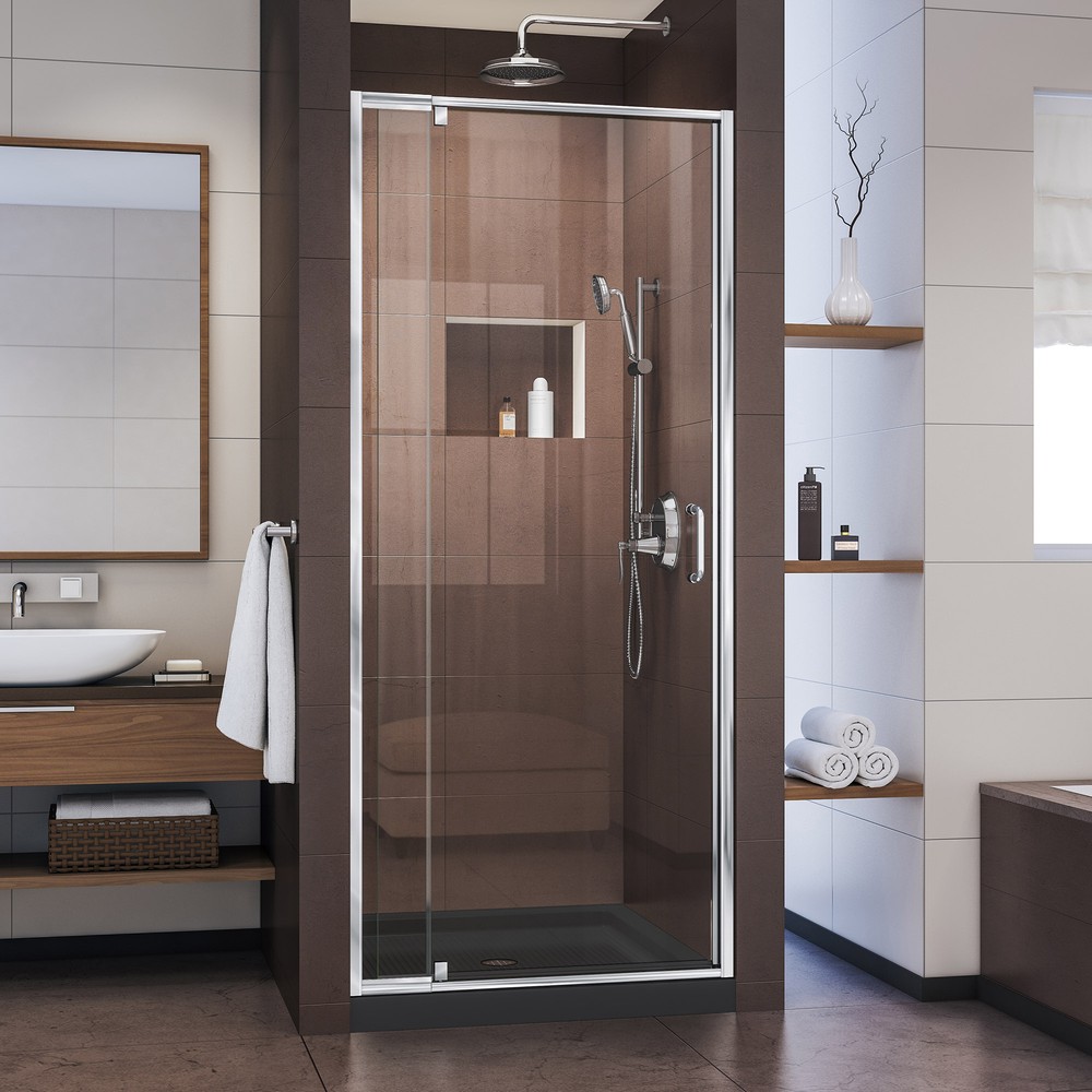 Flex 36"W x 36"D x 76.75"H Frameless Shower Door, Backwall and Base Kit, Chrome Finish Hardware