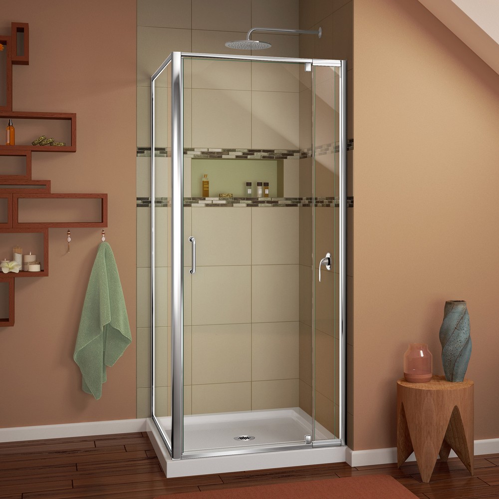 Flex 36"W x 36"D x 76.75"H Frameless Shower Enclosure, Backwall and Base Kit, Chrome Finish Hardware