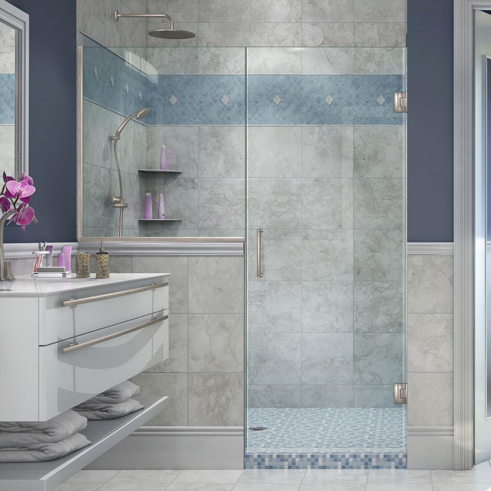 DreamLine Unidoor Plus 57-57 1/2 in. W x 72 in. H Hinged Shower Door with 34 in. Half Panel, Clear Glass, Brushed Nickel