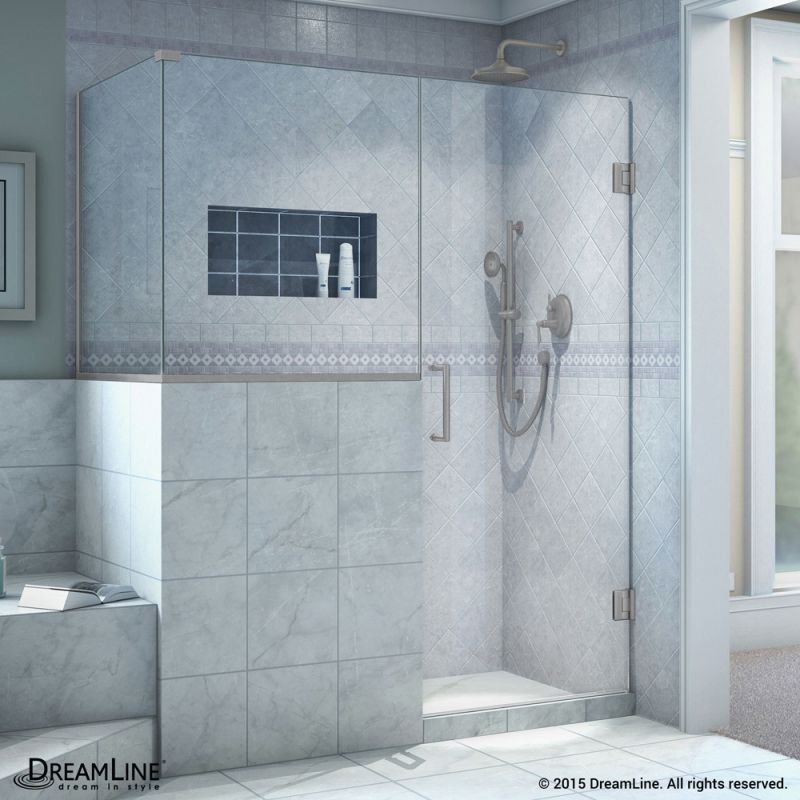 DreamLine Unidoor Plus 57 in. W x 30 3/8 in. D x 72 in. H Frameless Hinged Shower Enclosure, Clear Glass, Brushed Nickel