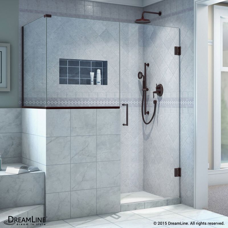 DreamLine Unidoor Plus 59 in. W x 30 3/8 in. D x 72 in. H Frameless Hinged Shower Enclosure, Clear Glass, Oil Rubbed Bronze