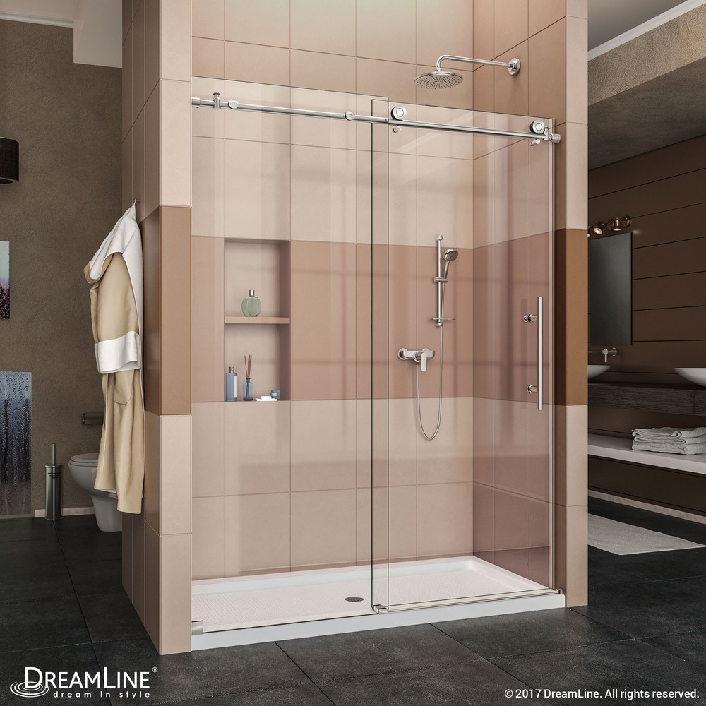 DreamLine Enigma-X 68-72 in. W x 76 in. H Fully Frameless Sliding Shower Door in Brushed Stainless Steel