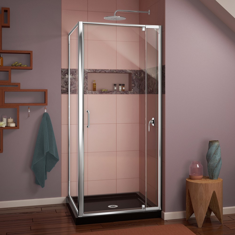 DreamLine Flex 32 in. x 32 in. Semi-Frameless Pivot Shower Enclosure in Chrome with Corner Drain Biscuit Base Kit