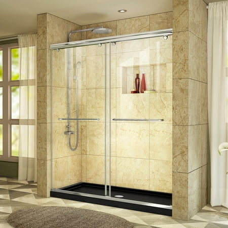 DreamLine Charisma 34 in. D x 60 in. W x 78 3/4 in. H Bypass Shower Door in Chrome with Center Drain Black Base Kit