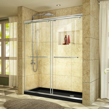 DreamLine Charisma 34 in. D x 60 in. W x 78 3/4 in. H Bypass Shower Door in Chrome with Right Drain Black Base Kit