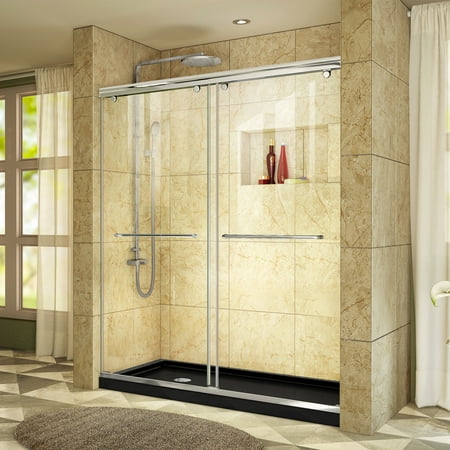 DreamLine Charisma 36 in. D x 60 in. W x 78 3/4 in. H Bypass Shower Door in Chrome with Left Drain Black Base Kit