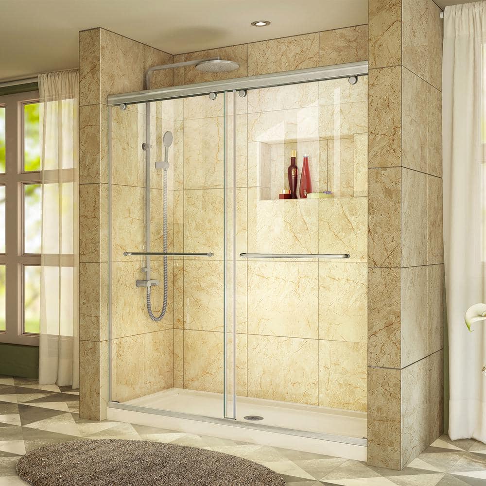 DreamLine Charisma 34 in. D x 60 in. W x 78 3/4 in. H Bypass Shower Door in Brushed Nickel with Center Drain Biscuit Base Kit