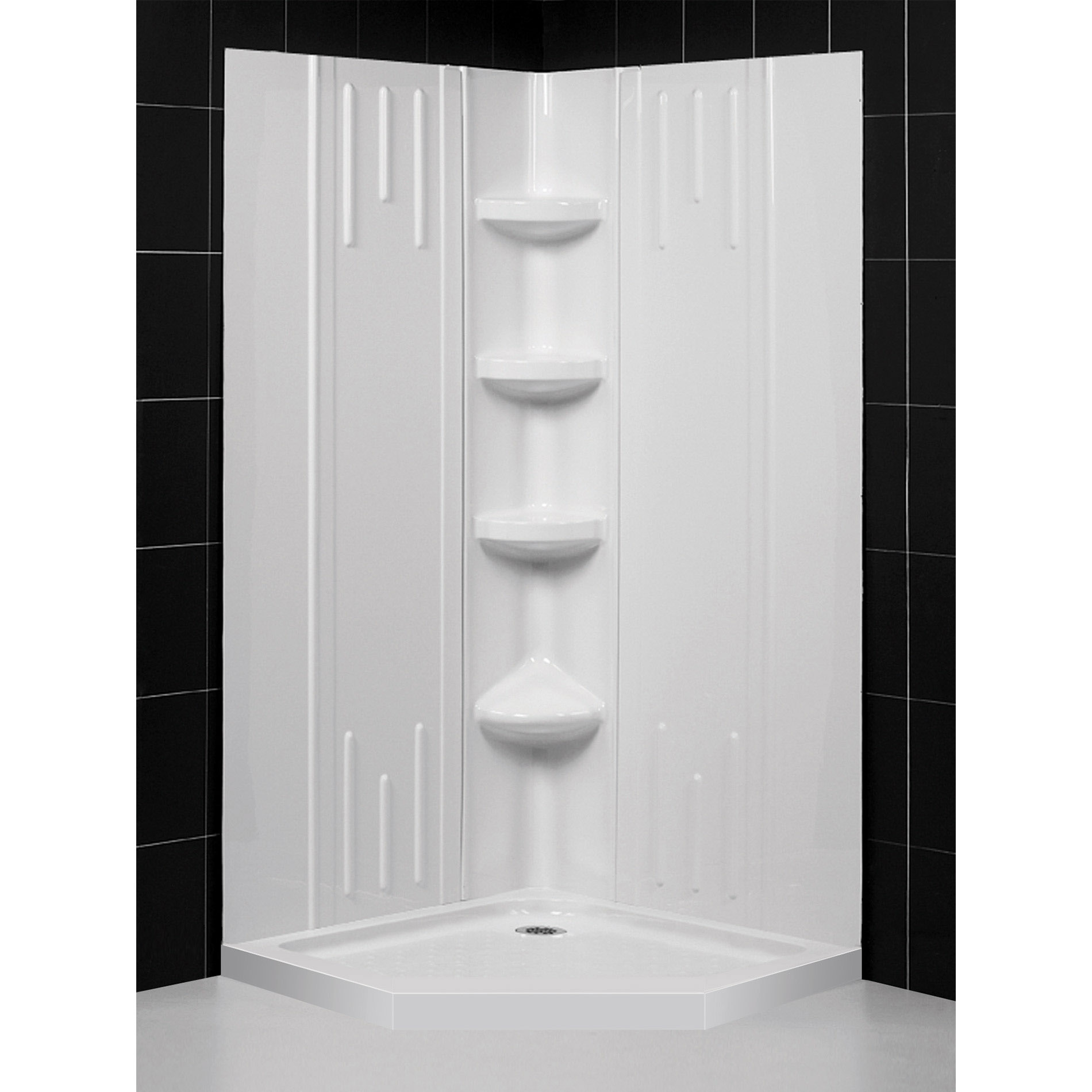 DreamLine 36 in. x 36 in. x 75 5/8 in. H Neo-Angle Shower Base and QWALL-2 Acrylic Corner Backwall Kit in White