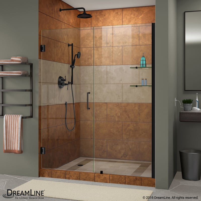 DreamLine Unidoor 50-51 in. W x 72 in. H Frameless Hinged Shower Door with Shelves in Satin Black