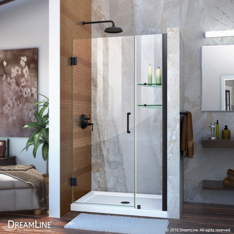 DreamLine Unidoor 37-38 in. W x 72 in. H Frameless Hinged Shower Door with Shelves in Satin Black