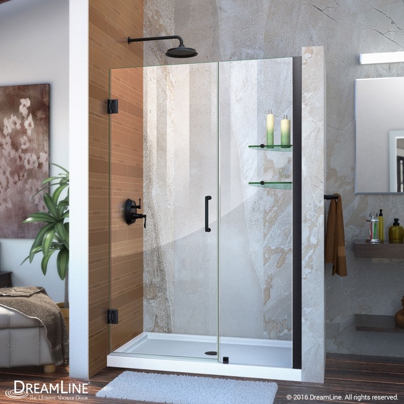 DreamLine Unidoor 44-45 in. W x 72 in. H Frameless Hinged Shower Door with Shelves in Satin Black