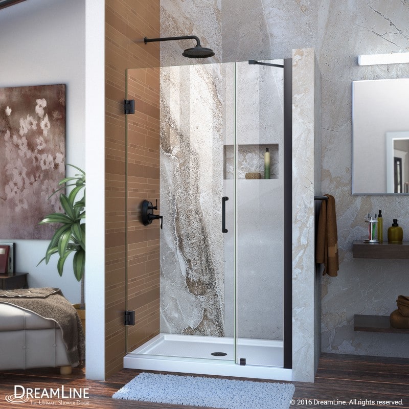 DreamLine Unidoor 35-36 in. W x 72 in. H Frameless Hinged Shower Door with Support Arm in Satin Black