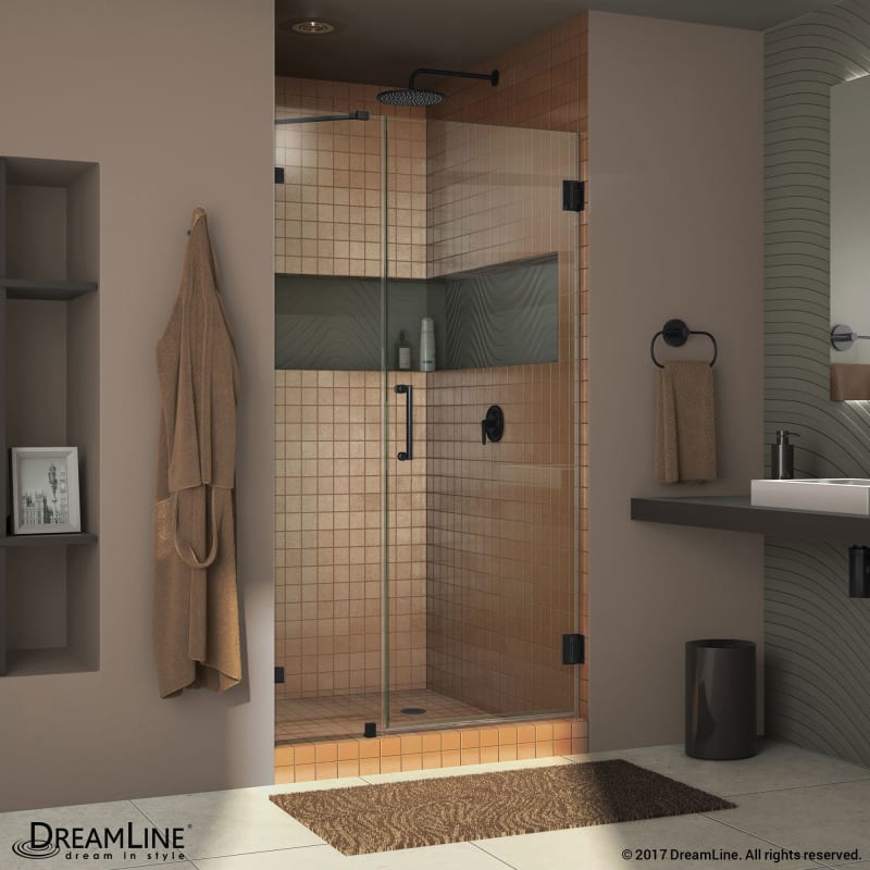 DreamLine Unidoor Lux 39 in. W x 72 in. H Fully Frameless Hinged Shower Door with Support Arm in Satin Black