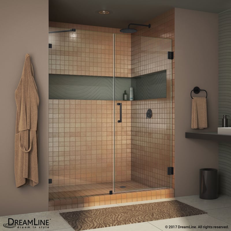 DreamLine Unidoor Lux 46 in. W x 72 in. H Fully Frameless Hinged Shower Door with Support Arm in Satin Black