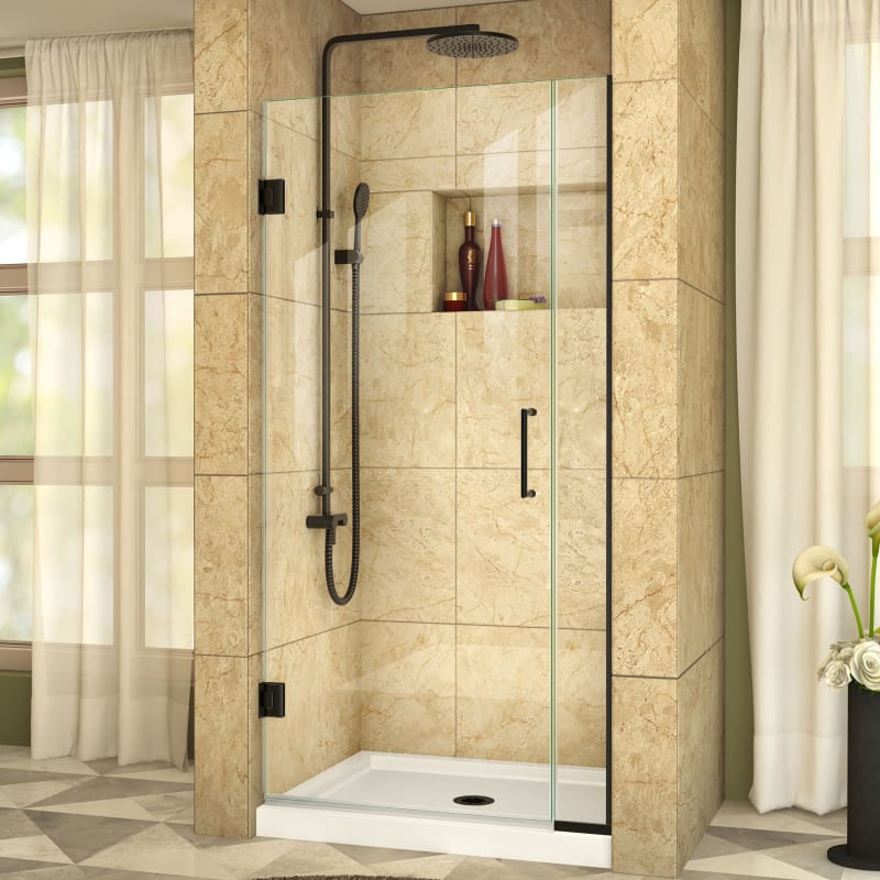 DreamLine Unidoor Plus 29-29-1/2 in. W x 72 in. H Frameless Hinged Shower Door, Clear Glass, Satin Black