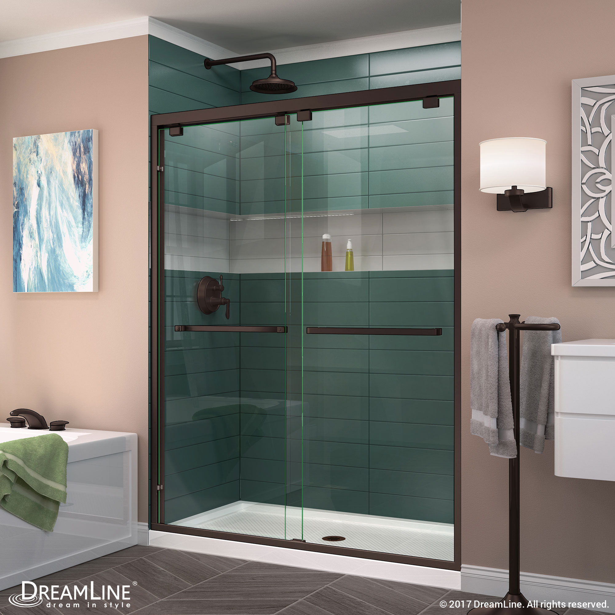 DreamLine Encore 36 in. D x 48 in. W x 78 3/4 in. H Bypass Shower Door in Brushed Nickel with Center Drain White Base Kit