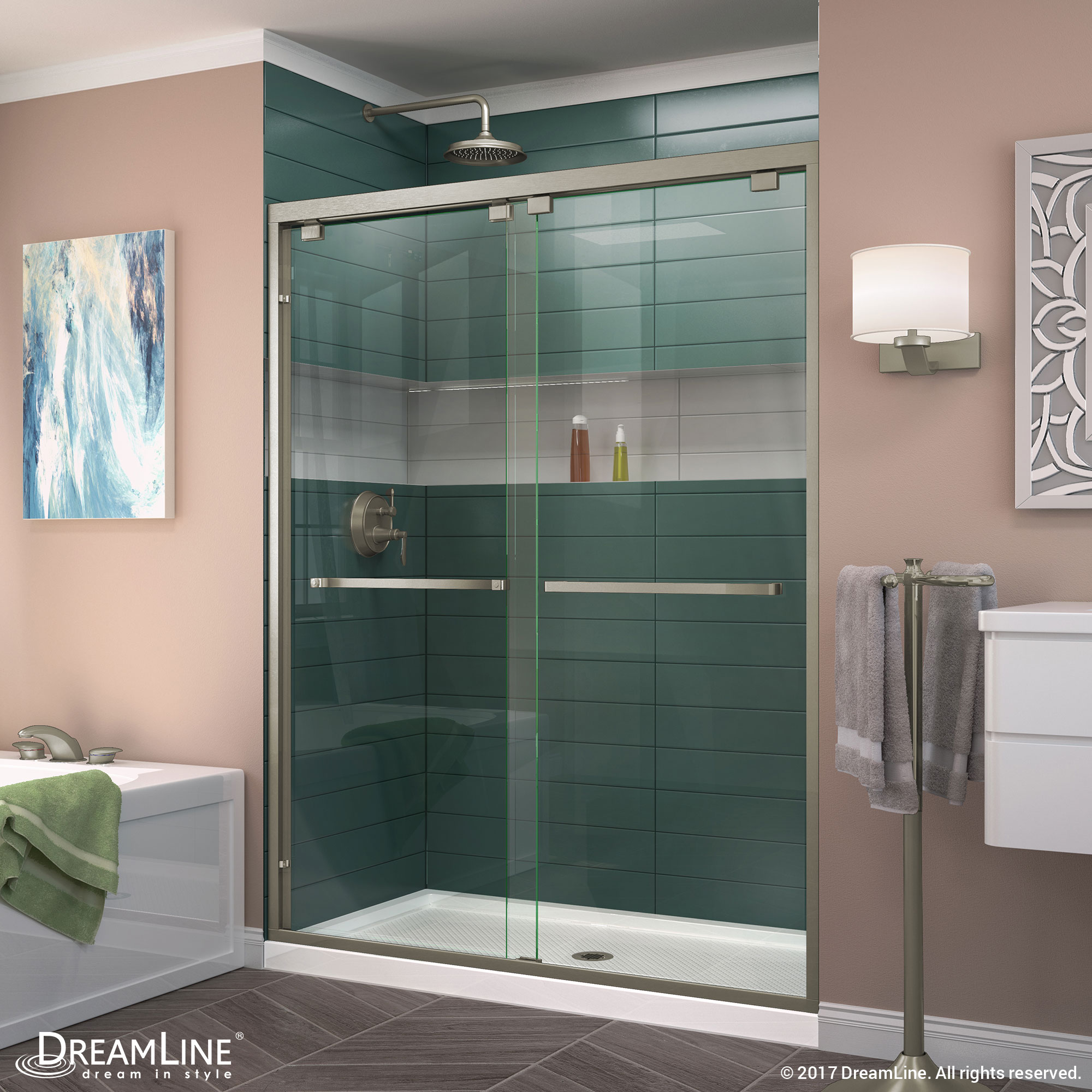 DreamLine Encore 30 in. D x 60 in. W x 78 3/4 in. H Bypass Shower Door in Chrome and Center Drain White Base Kit