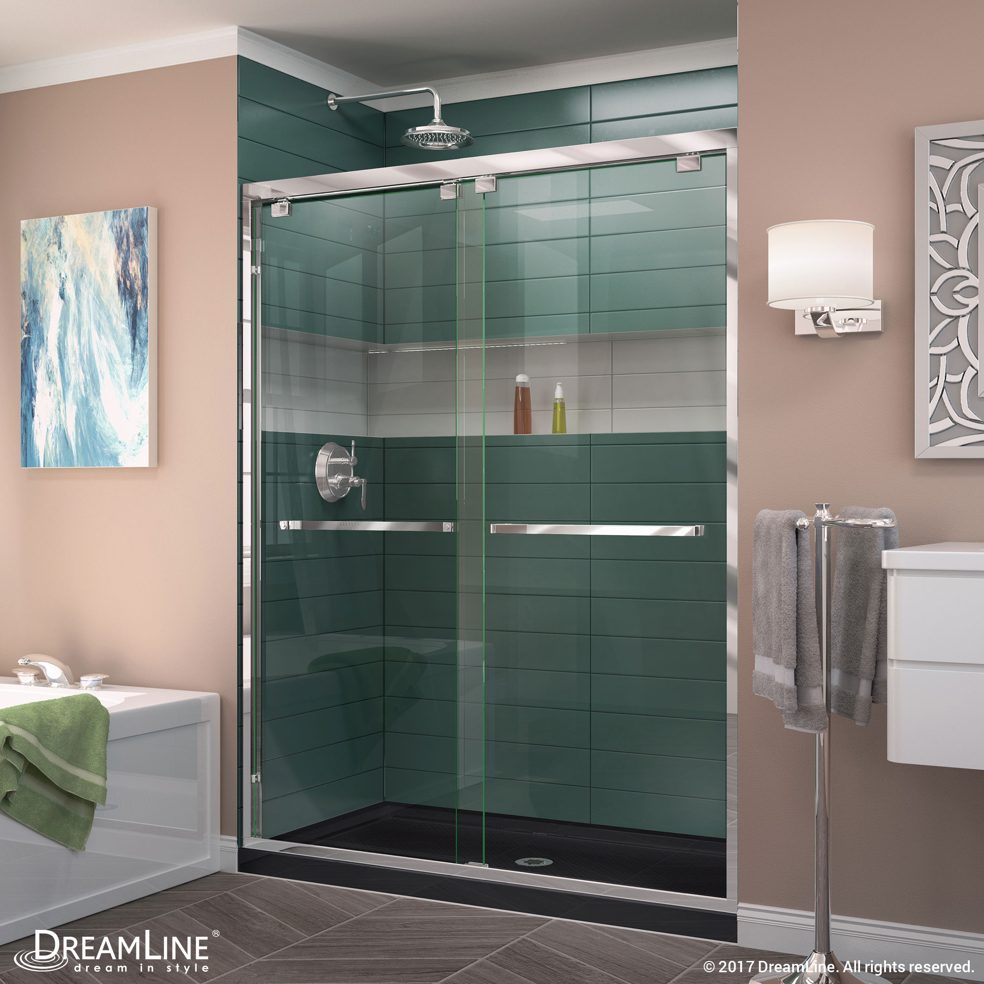 DreamLine Encore 30 in. D x 60 in. W x 78 3/4 in. H Bypass Shower Door in Brushed Nickel and Center Drain White Base Kit