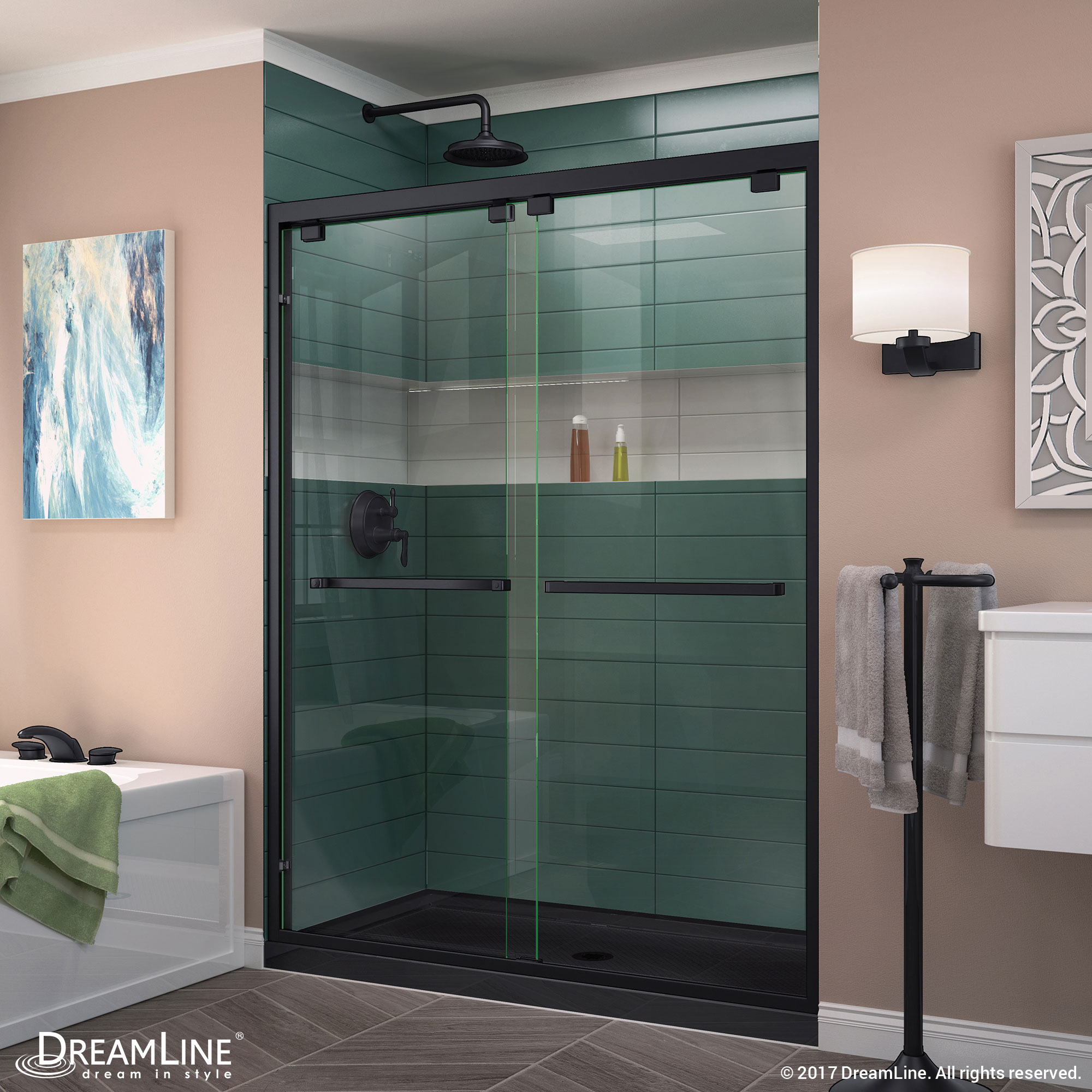 DreamLine Encore 30 in. D x 60 in. W x 78 3/4 in. H Bypass Shower Door in Oil Rubbed Bronze and Center Drain White Base Kit