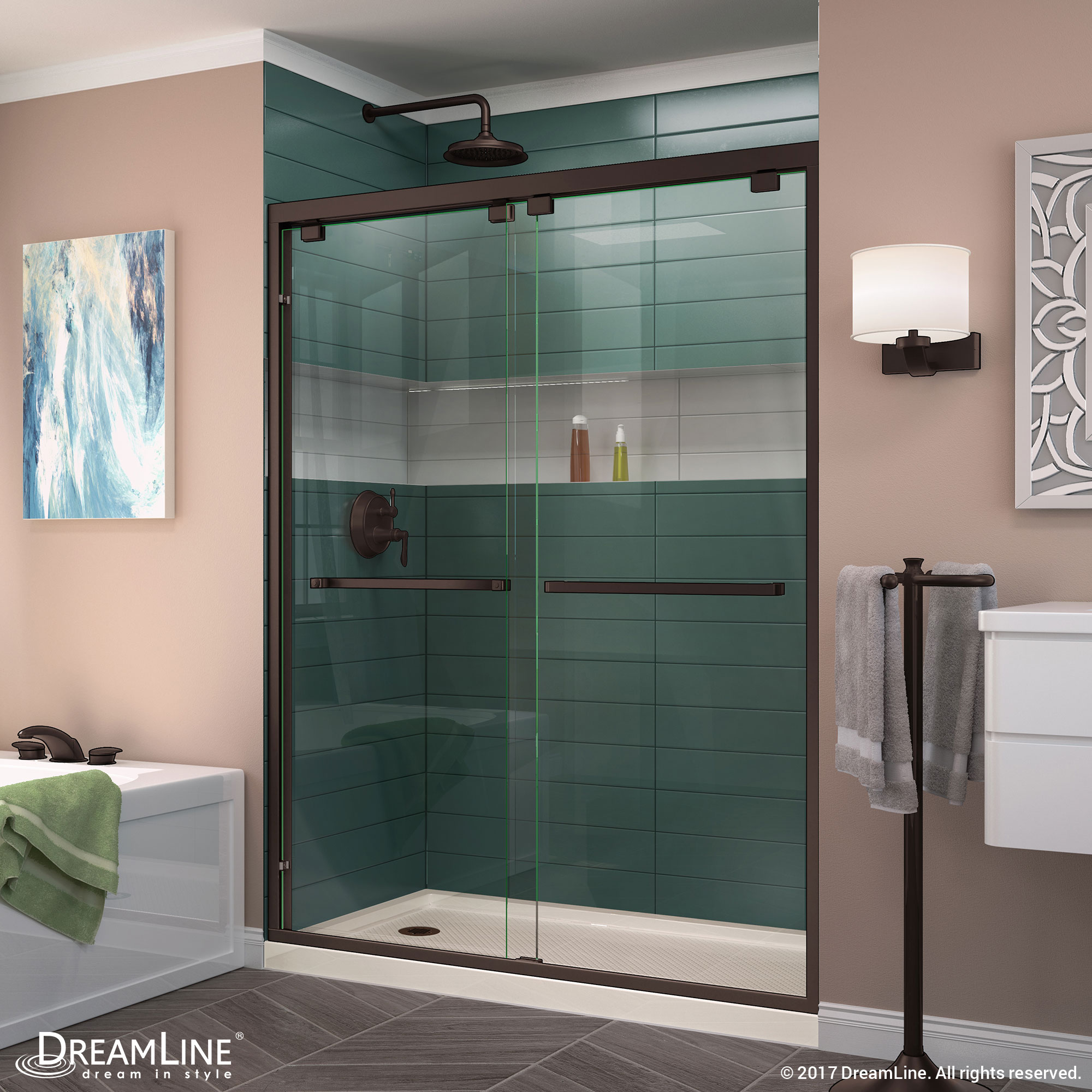 DreamLine Encore 36 in. D x 60 in. W x 78 3/4 in. H Bypass Shower Door in Brushed Nickel and Left Drain Biscuit Base Kit